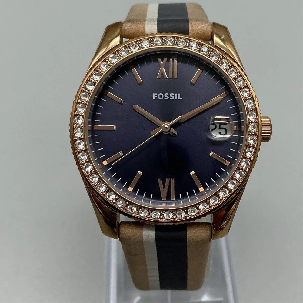 Fossil Scarlette ES4594 Womens Watch 32mm Blue Dial Crystals Leather New Battery